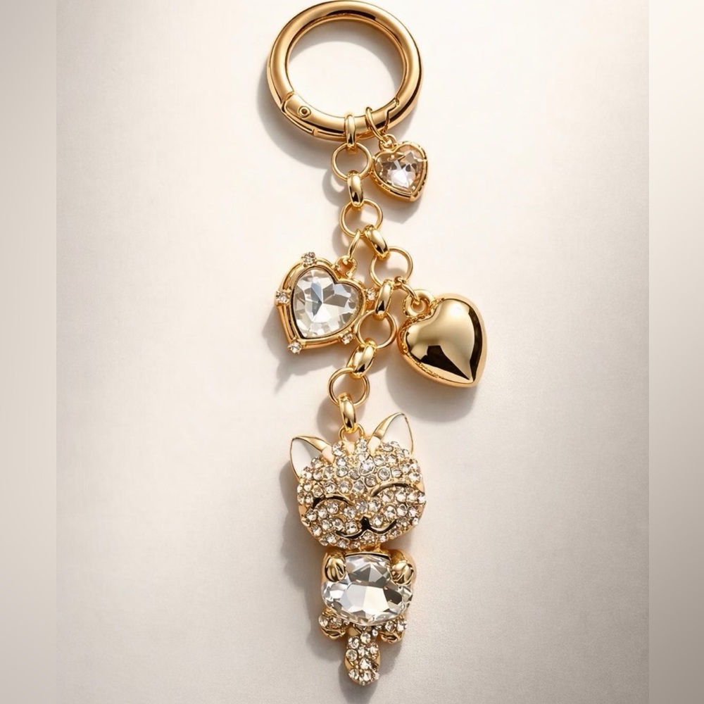 Studio Gold Crystal Cat Bag Charm Keychain – Heart Charms & Rhinestone Details